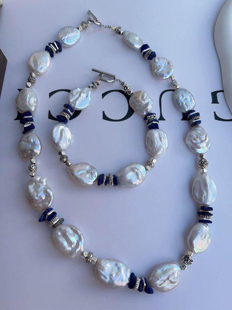 #PN995 Freshwater Pearl Necklace & Bracelet Set | Lustrous Oval Baroque | Lapis Lazuli Chips| 42cm| 20cm| Can Connect to Wear| Calm Klein Blue