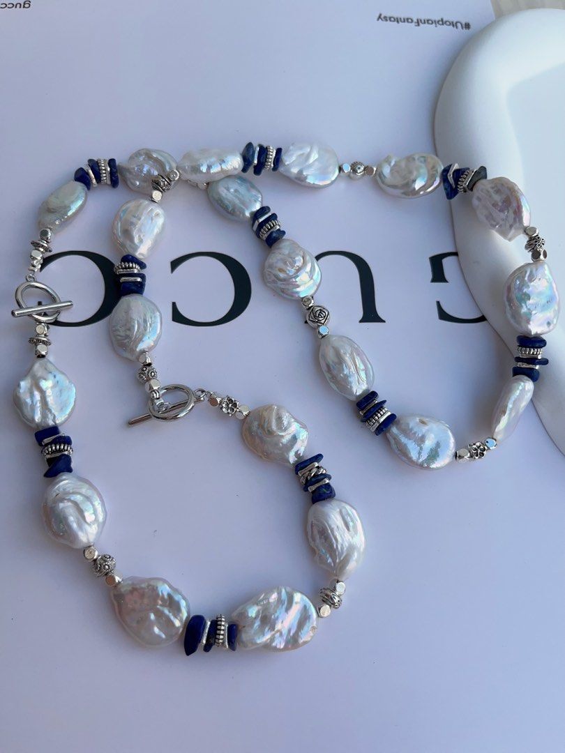 #PN995 Freshwater Pearl Necklace & Bracelet Set | Lustrous Oval Baroque | Lapis Lazuli Chips| 42cm| 20cm| Can Connect to Wear| Calm Klein Blue