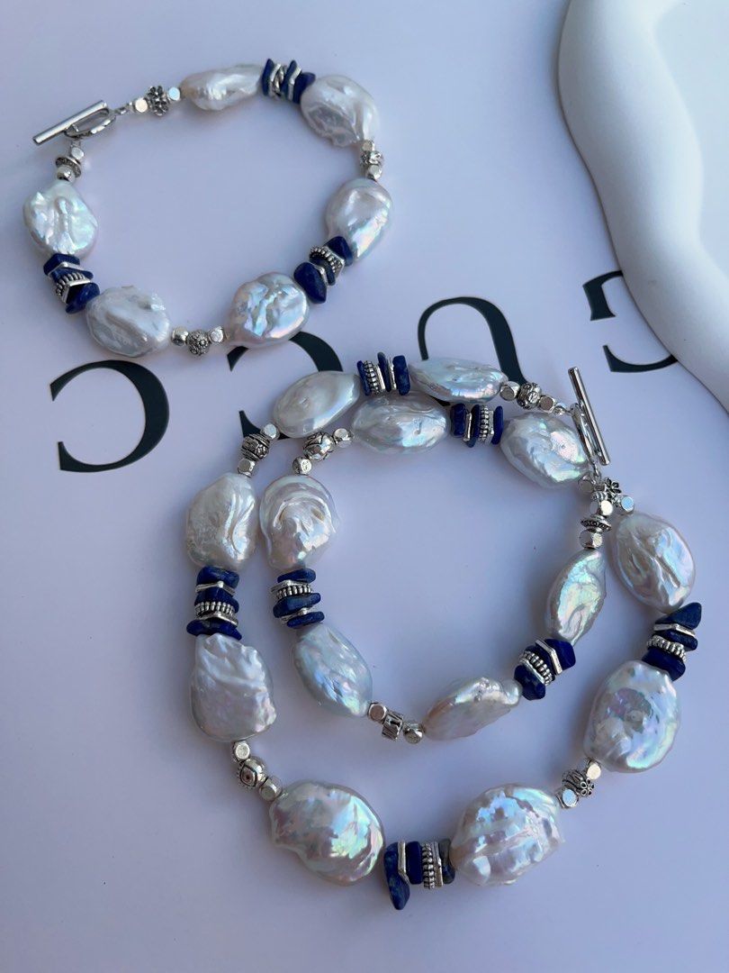 #PN995 Freshwater Pearl Necklace & Bracelet Set | Lustrous Oval Baroque | Lapis Lazuli Chips| 42cm| 20cm| Can Connect to Wear| Calm Klein Blue