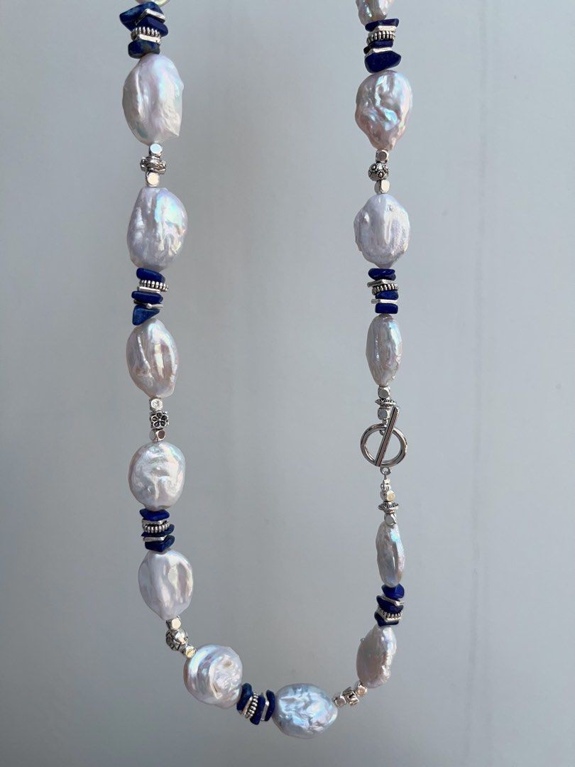 #PN995 Freshwater Pearl Necklace & Bracelet Set | Lustrous Oval Baroque | Lapis Lazuli Chips| 42cm| 20cm| Can Connect to Wear| Calm Klein Blue
