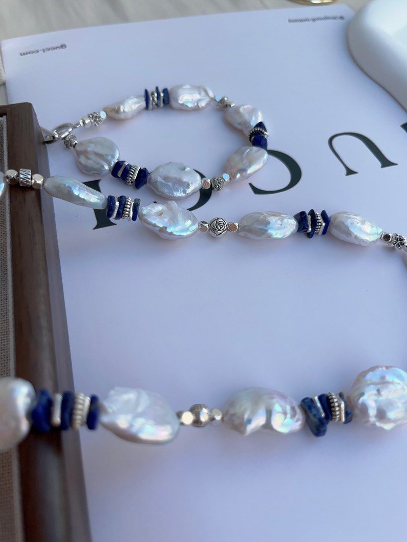 #PN995 Freshwater Pearl Necklace & Bracelet Set | Lustrous Oval Baroque | Lapis Lazuli Chips| 42cm| 20cm| Can Connect to Wear| Calm Klein Blue