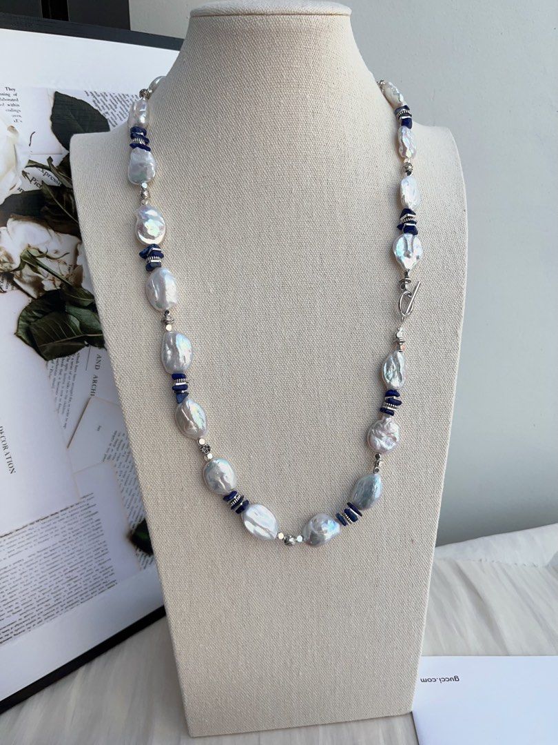 #PN995 Freshwater Pearl Necklace & Bracelet Set | Lustrous Oval Baroque | Lapis Lazuli Chips| 42cm| 20cm| Can Connect to Wear| Calm Klein Blue