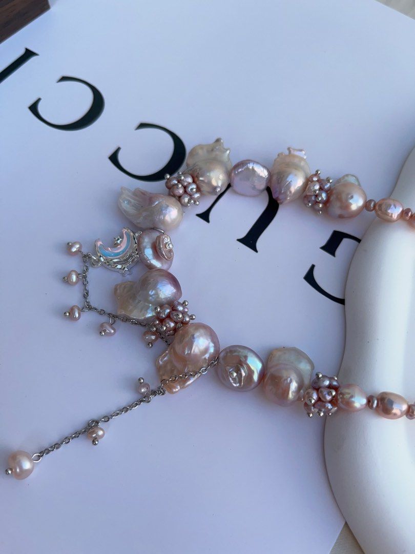 #PN996 [Floral Series] Freshwater Pearl Necklace | Fishtail Baroque Pearl | Lustrous | Petal-on-Pearl| Dangling Moon 🌙 | Ube Purple | Sparkle Starts Here