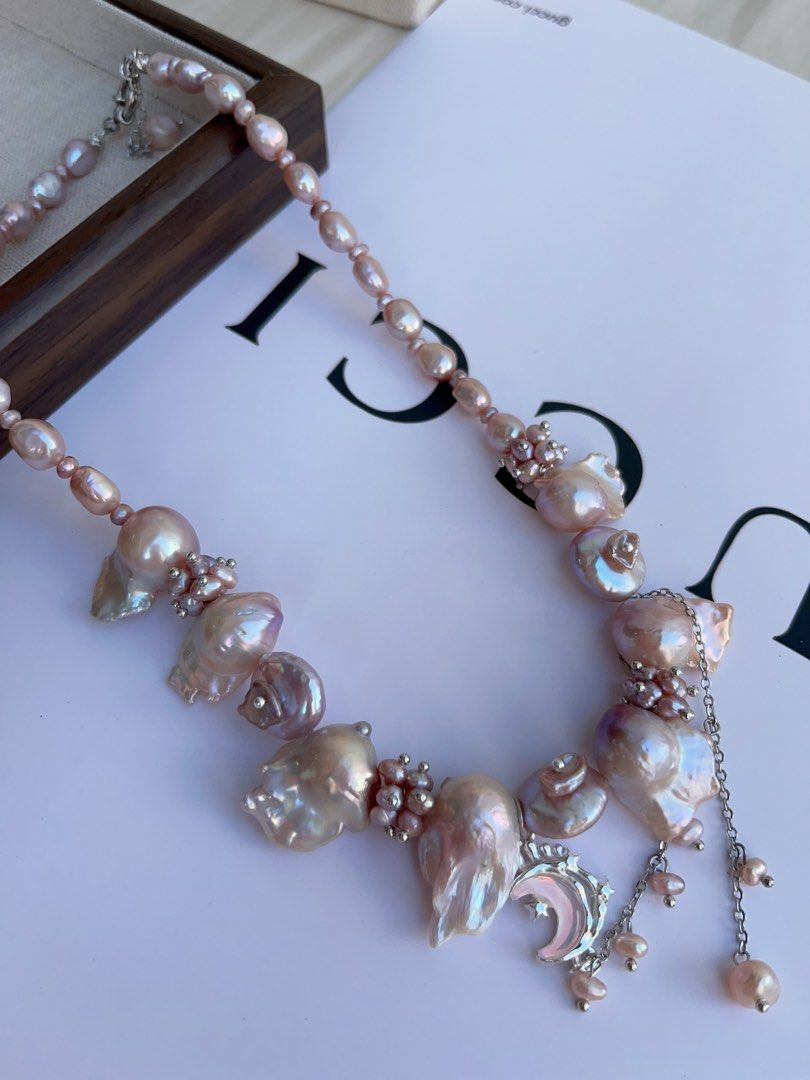 #PN996 [Floral Series] Freshwater Pearl Necklace | Fishtail Baroque Pearl | Lustrous | Petal-on-Pearl| Dangling Moon 🌙 | Ube Purple | Sparkle Starts Here