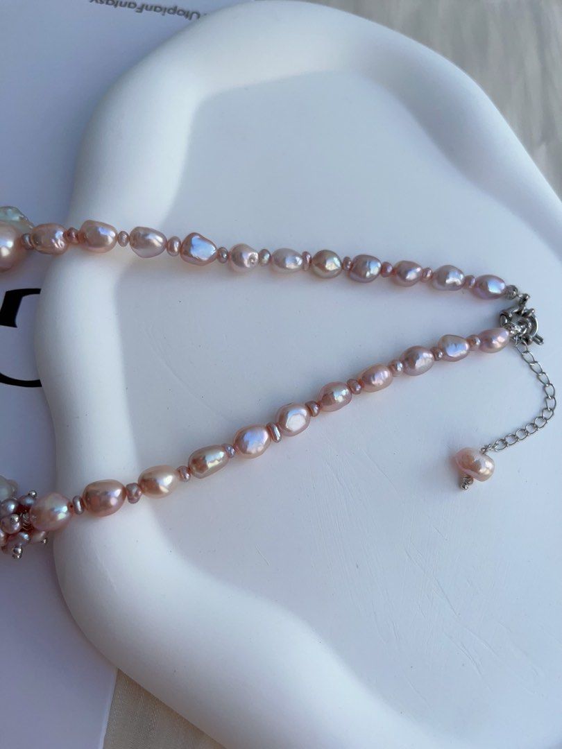 #PN996 [Floral Series] Freshwater Pearl Necklace | Fishtail Baroque Pearl | Lustrous | Petal-on-Pearl| Dangling Moon 🌙 | Ube Purple | Sparkle Starts Here