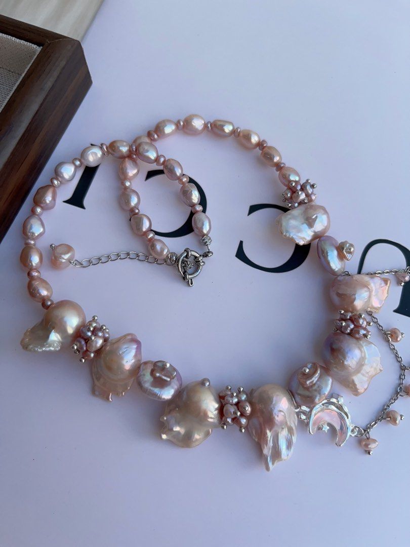 #PN996 [Floral Series] Freshwater Pearl Necklace | Fishtail Baroque Pearl | Lustrous | Petal-on-Pearl| Dangling Moon 🌙 | Ube Purple | Sparkle Starts Here