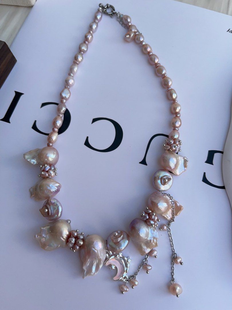 #PN996 [Floral Series] Freshwater Pearl Necklace | Fishtail Baroque Pearl | Lustrous | Petal-on-Pearl| Dangling Moon 🌙 | Ube Purple | Sparkle Starts Here