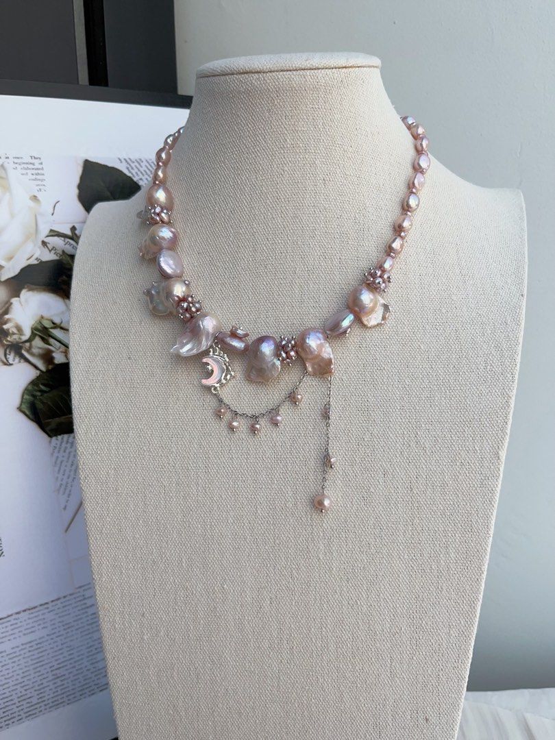 #PN996 [Floral Series] Freshwater Pearl Necklace | Fishtail Baroque Pearl | Lustrous | Petal-on-Pearl| Dangling Moon 🌙 | Ube Purple | Sparkle Starts Here