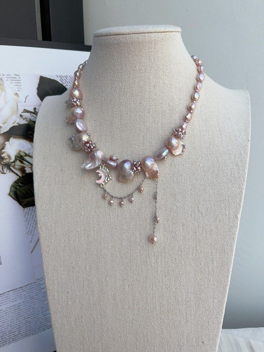 #PN996 [Floral Series] Freshwater Pearl Necklace | Fishtail Baroque Pearl | Lustrous | Petal-on-Pearl| Dangling Moon 🌙 | Ube Purple | Sparkle Starts Here