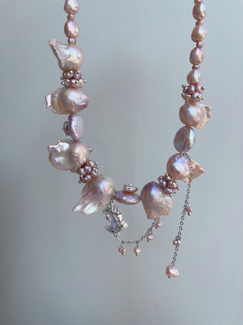 #PN996 [Floral Series] Freshwater Pearl Necklace | Fishtail Baroque Pearl | Lustrous | Petal-on-Pearl| Dangling Moon 🌙 | Ube Purple | Sparkle Starts Here