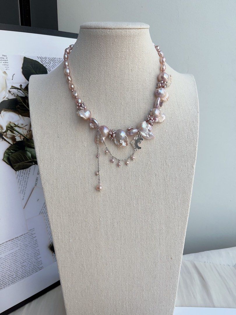 #PN996 [Floral Series] Freshwater Pearl Necklace | Fishtail Baroque Pearl | Lustrous | Petal-on-Pearl| Dangling Moon 🌙 | Ube Purple | Sparkle Starts Here