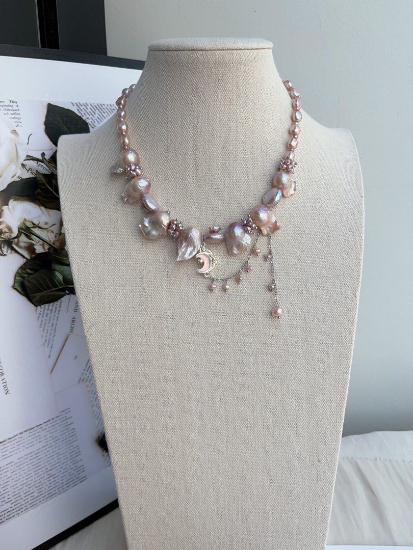 #PN996 [Floral Series] Freshwater Pearl Necklace | Fishtail Baroque Pearl | Lustrous | Petal-on-Pearl| Dangling Moon 🌙 | Ube Purple | Sparkle Starts Here