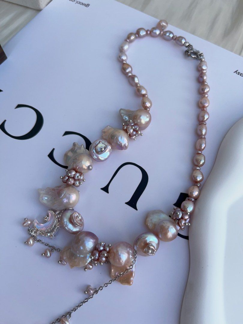 #PN996 [Floral Series] Freshwater Pearl Necklace | Fishtail Baroque Pearl | Lustrous | Petal-on-Pearl| Dangling Moon 🌙 | Ube Purple | Sparkle Starts Here