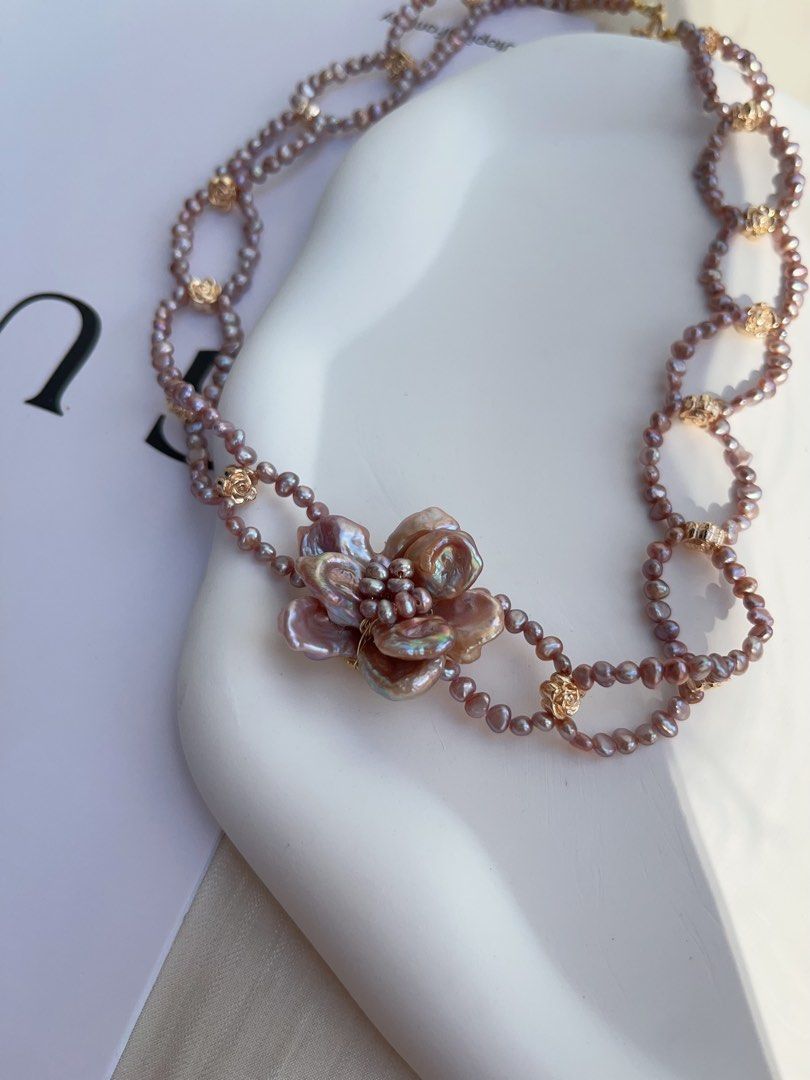 #PN998 Freshwater Pearl Necklace | Circle Connected Braided | Purple Pearl Stone| Big Flower 🌺 | 48cm| Lustrous | Jewelry that Loves You Back