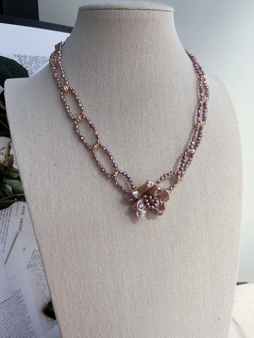 #PN998 Freshwater Pearl Necklace | Circle Connected Braided | Purple Pearl Stone| Big Flower 🌺 | 48cm| Lustrous | Jewelry that Loves You Back