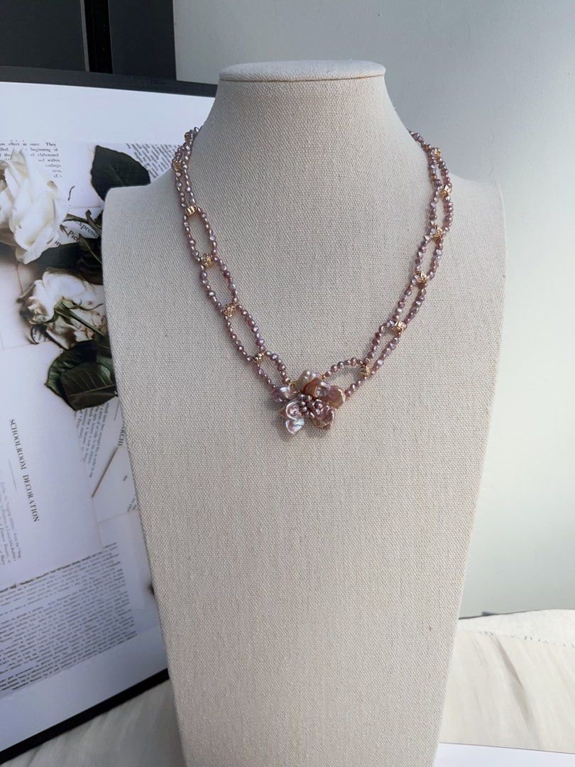 #PN998 Freshwater Pearl Necklace | Circle Connected Braided | Purple Pearl Stone| Big Flower 🌺 | 48cm| Lustrous | Jewelry that Loves You Back