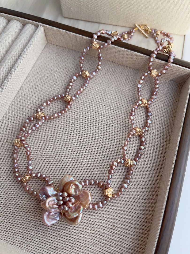 #PN998 Freshwater Pearl Necklace | Circle Connected Braided | Purple Pearl Stone| Big Flower 🌺 | 48cm| Lustrous | Jewelry that Loves You Back