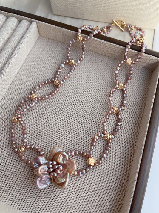 #PN998 Freshwater Pearl Necklace | Circle Connected Braided | Purple Pearl Stone| Big Flower 🌺 | 48cm| Lustrous | Jewelry that Loves You Back