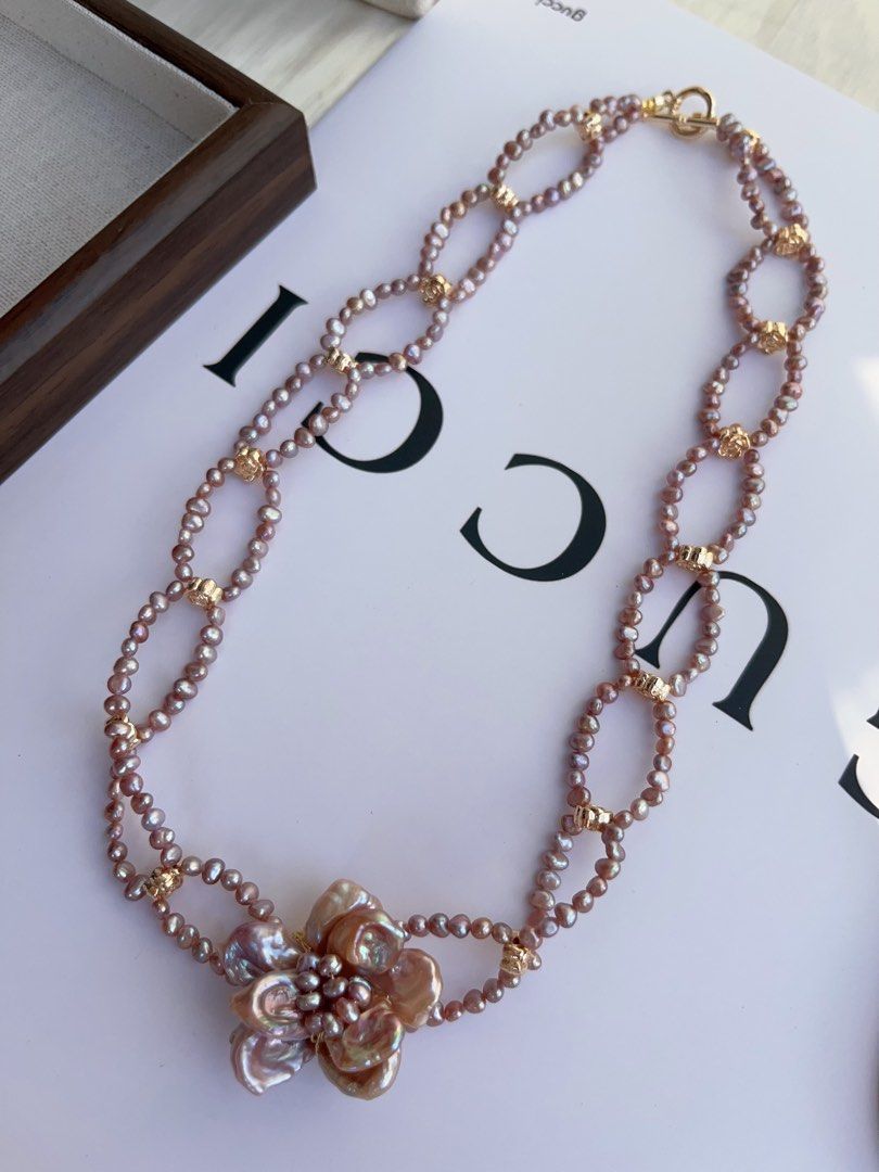 #PN998 Freshwater Pearl Necklace | Circle Connected Braided | Purple Pearl Stone| Big Flower 🌺 | 48cm| Lustrous | Jewelry that Loves You Back