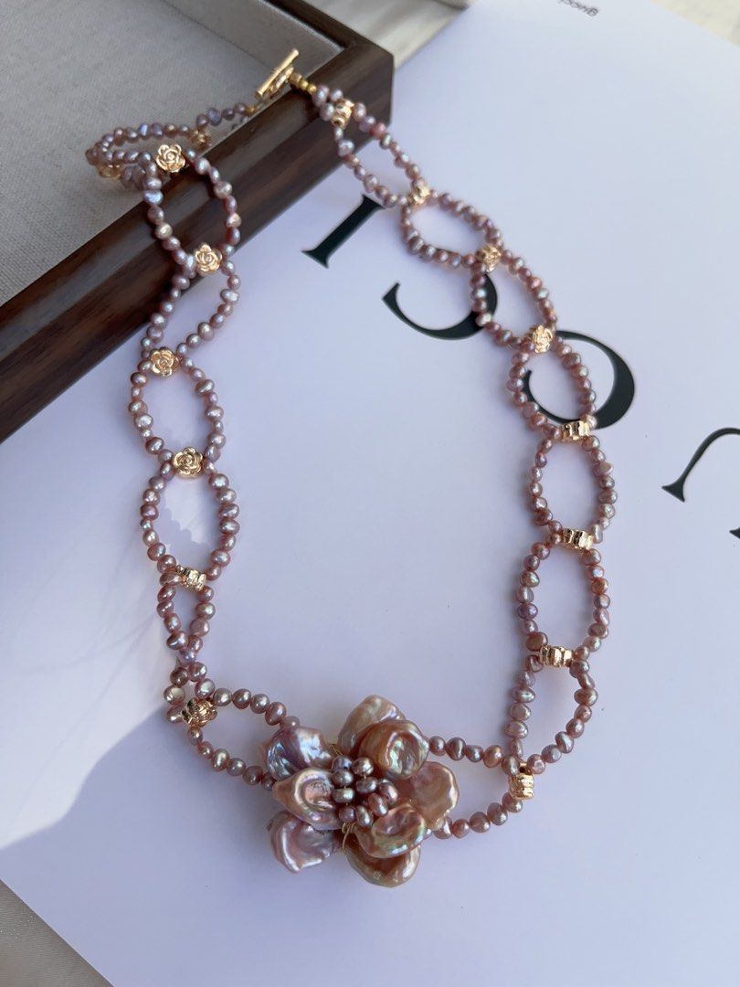 #PN998 Freshwater Pearl Necklace | Circle Connected Braided | Purple Pearl Stone| Big Flower 🌺 | 48cm| Lustrous | Jewelry that Loves You Back