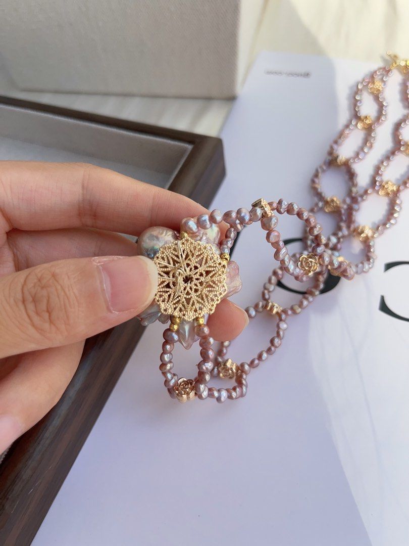 #PN998 Freshwater Pearl Necklace | Circle Connected Braided | Purple Pearl Stone| Big Flower 🌺 | 48cm| Lustrous | Jewelry that Loves You Back