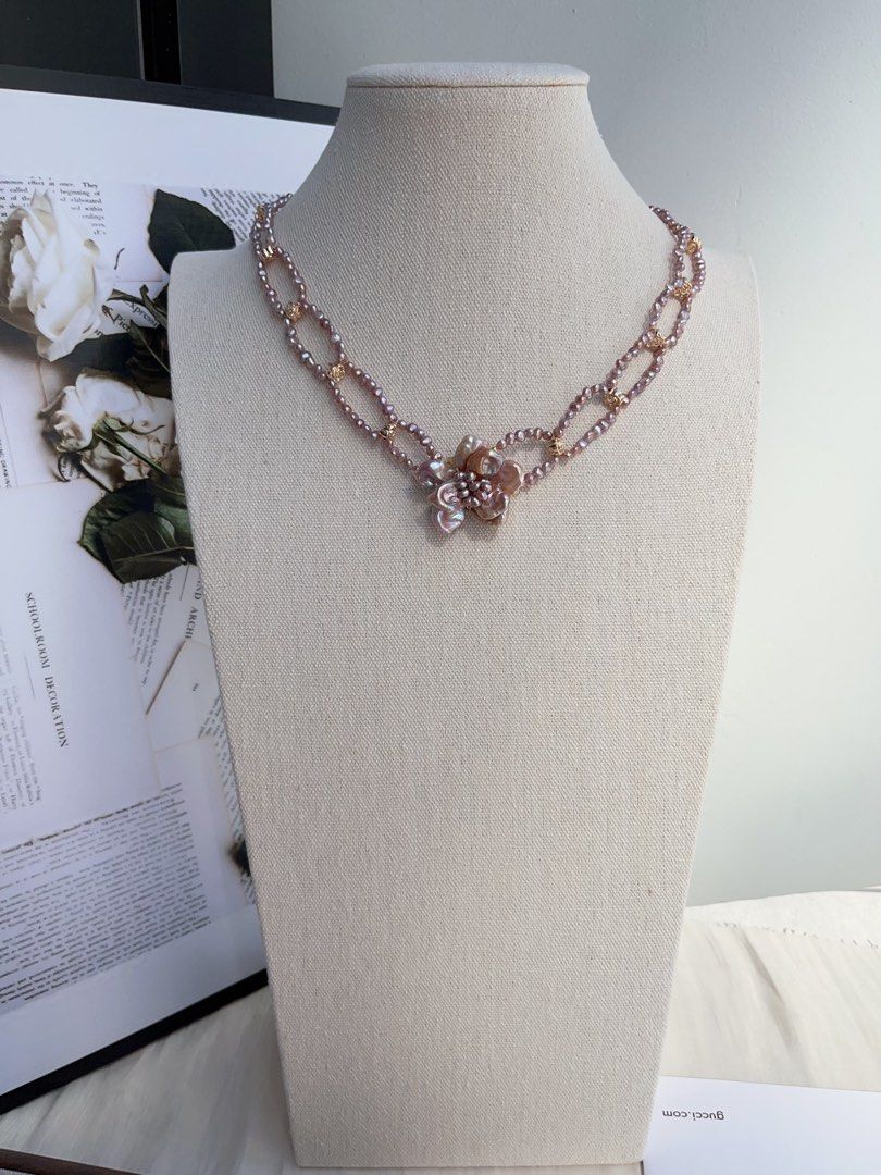 #PN998 Freshwater Pearl Necklace | Circle Connected Braided | Purple Pearl Stone| Big Flower 🌺 | 48cm| Lustrous | Jewelry that Loves You Back