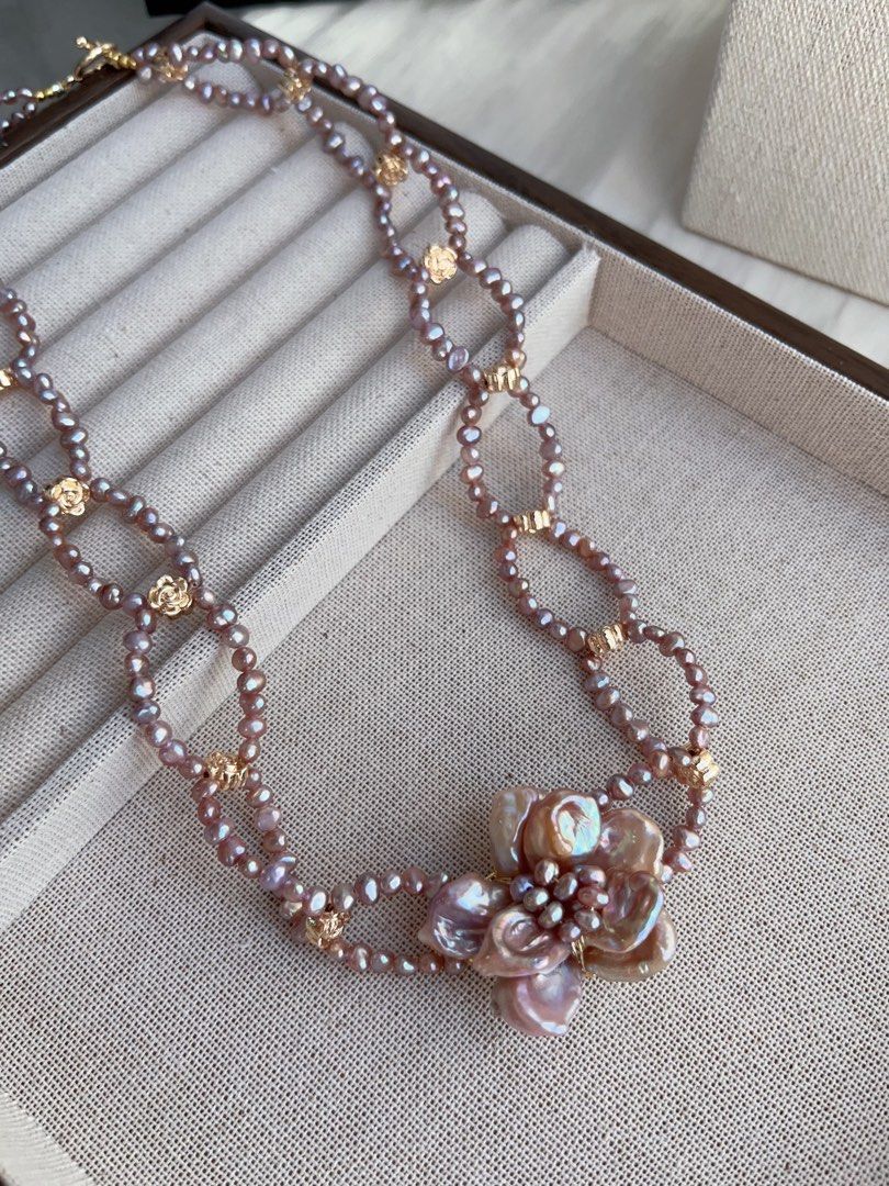 #PN998 Freshwater Pearl Necklace | Circle Connected Braided | Purple Pearl Stone| Big Flower 🌺 | 48cm| Lustrous | Jewelry that Loves You Back