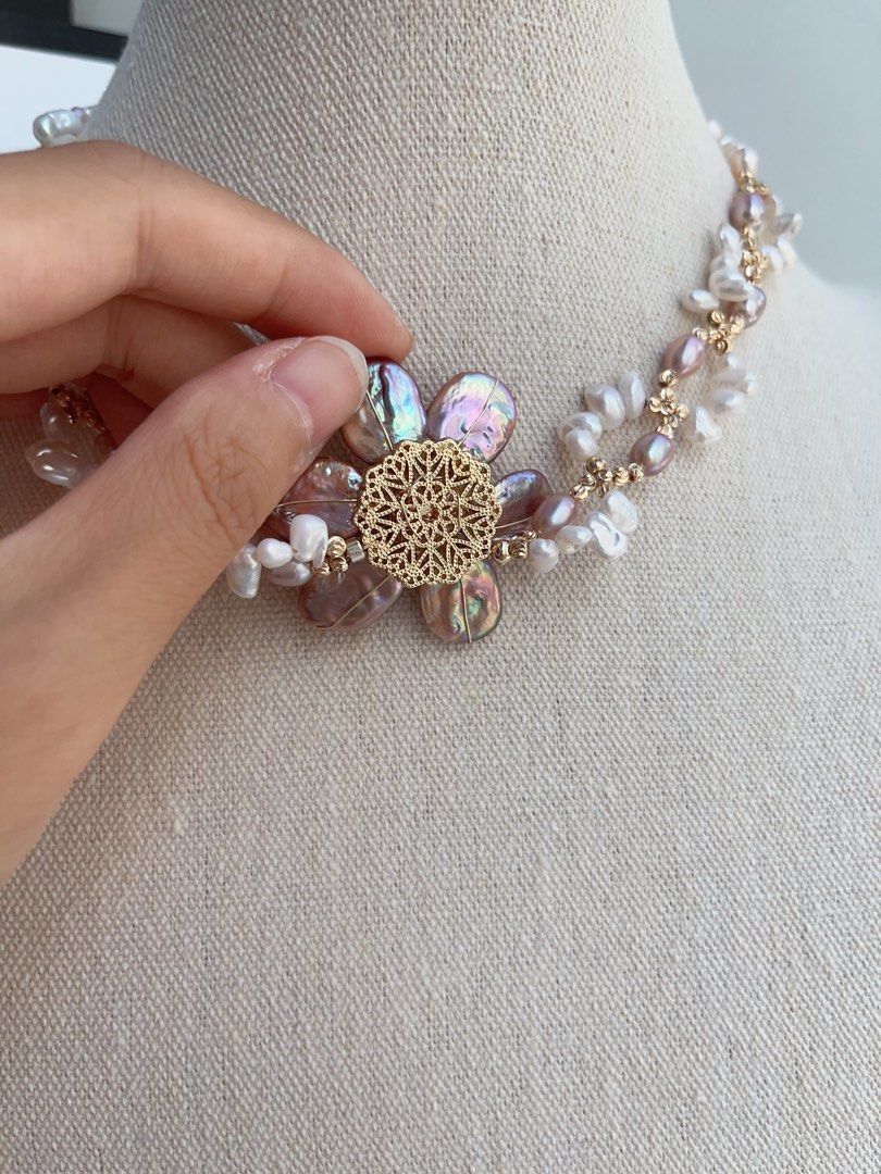#PN999 Freshwater Pearl Necklace | Swaying & Braided| 40cm| 2-layer| Metallic Purple Lustre | Flower 🌺 | From Subtle to Stunning
