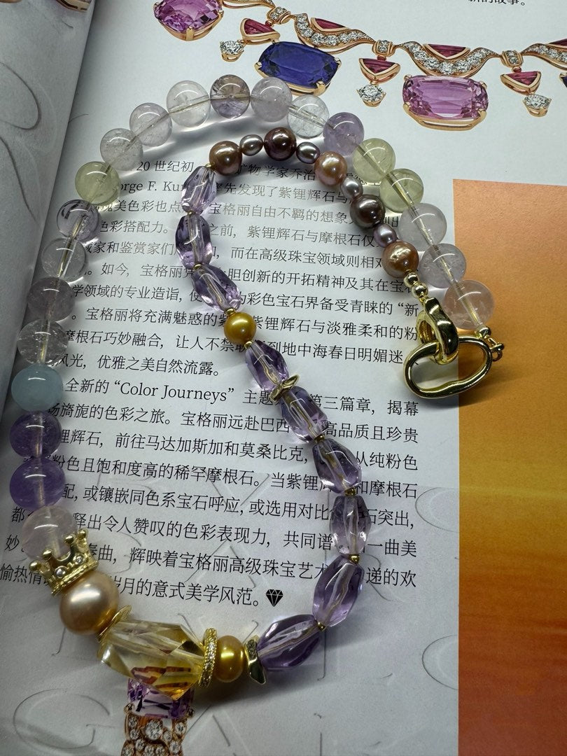 #PN454 Purple Blossom |Freshwater Pearl Necklace |Citrine, Amethyst |Metallic Lustre|Edison Champagne Pink Pearl