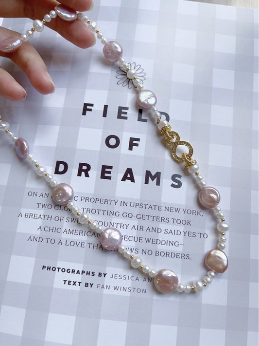 #PN523 Purple Coins| Freshwater Pearl Necklace |”8” Zircon Clasp|Coin Pearls |White Baby Baroque Pearl |Lustrous|Natural Growth Lines|Beautiful Light Purple