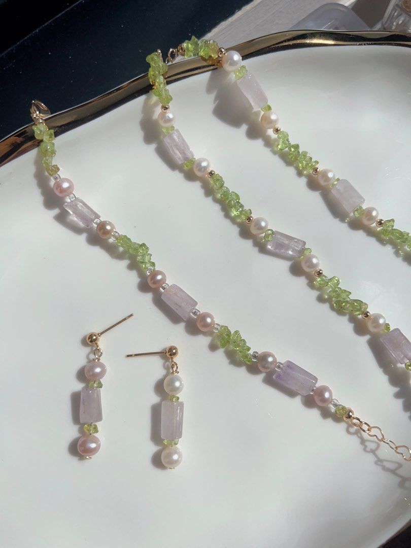 #PN601 [Sale]Purple Quartz & Peridot & Pearl Necklace + Bracelet + Earrings Set