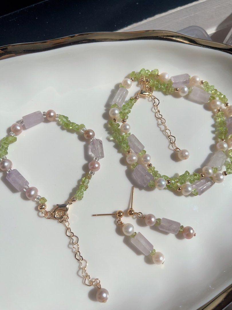#PN601 [Sale]Purple Quartz & Peridot & Pearl Necklace + Bracelet + Earrings Set