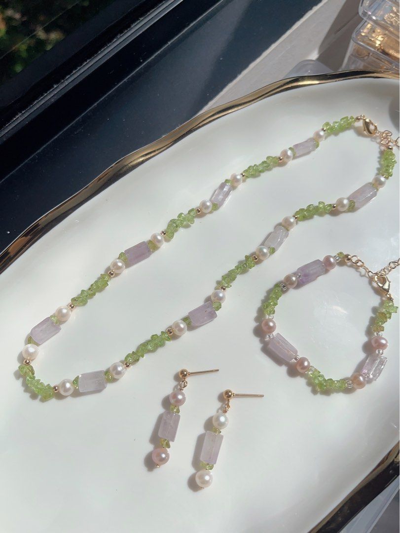 #PN601 [Sale]Purple Quartz & Peridot & Pearl Necklace + Bracelet + Earrings Set