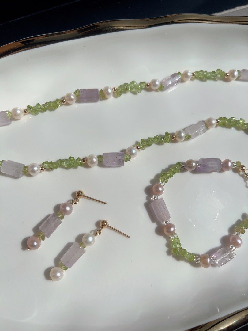 #PN601 [Sale]Purple Quartz & Peridot & Pearl Necklace + Bracelet + Earrings Set