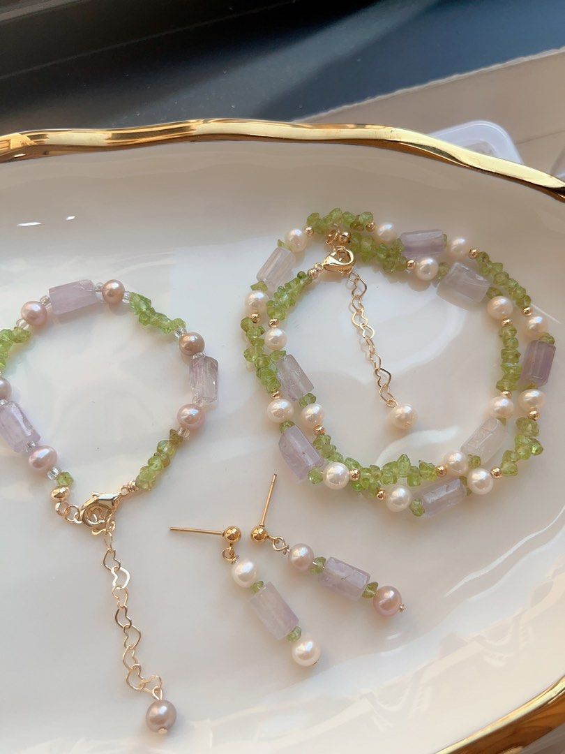 #PN601 [Sale]Purple Quartz & Peridot & Pearl Necklace + Bracelet + Earrings Set