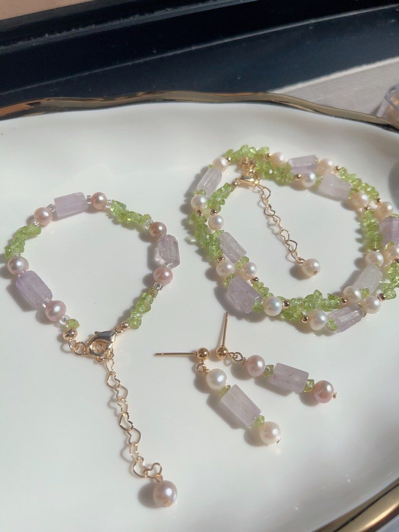 #PN601 [Sale]Purple Quartz & Peridot & Pearl Necklace + Bracelet + Earrings Set