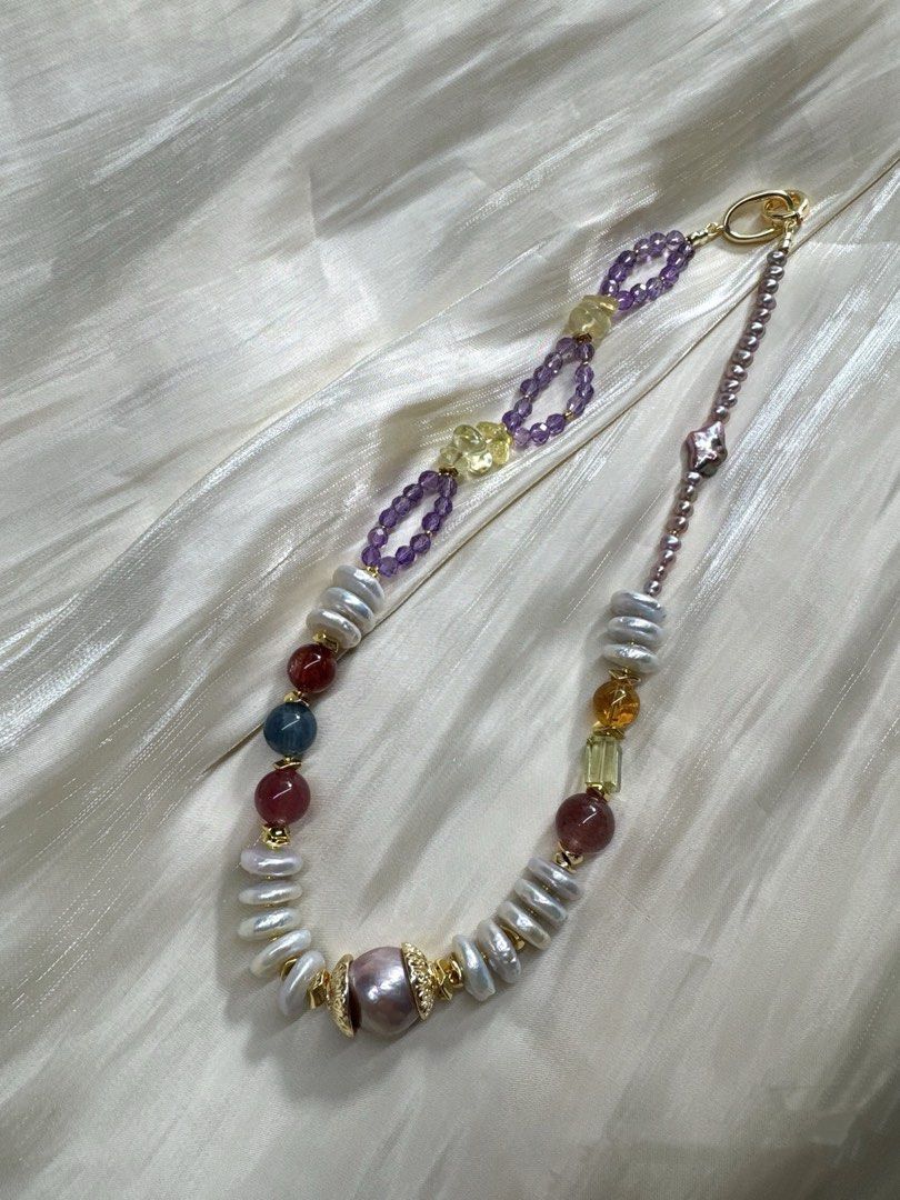 #PN467 Purple Sea|Freshwater Pearl Necklace |Super Big Baroque Pearl |Coin Pearl |Strawberry Quartz |Red Cinnabar Stone|Aquamarine|Baby Pearl |Purple Quartz |Amber