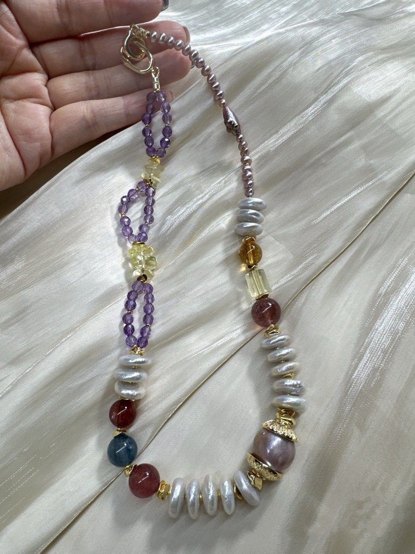 #PN467 Purple Sea|Freshwater Pearl Necklace |Super Big Baroque Pearl |Coin Pearl |Strawberry Quartz |Red Cinnabar Stone|Aquamarine|Baby Pearl |Purple Quartz |Amber