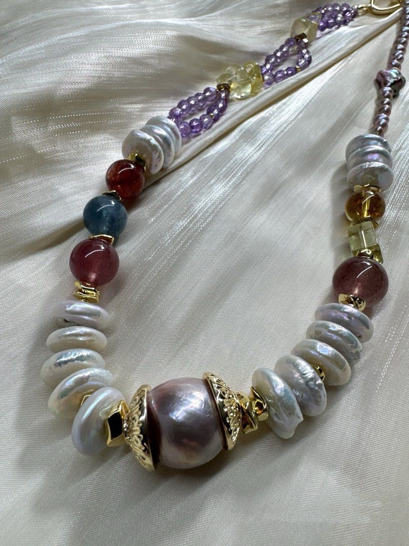#PN467 Purple Sea|Freshwater Pearl Necklace |Super Big Baroque Pearl |Coin Pearl |Strawberry Quartz |Red Cinnabar Stone|Aquamarine|Baby Pearl |Purple Quartz |Amber