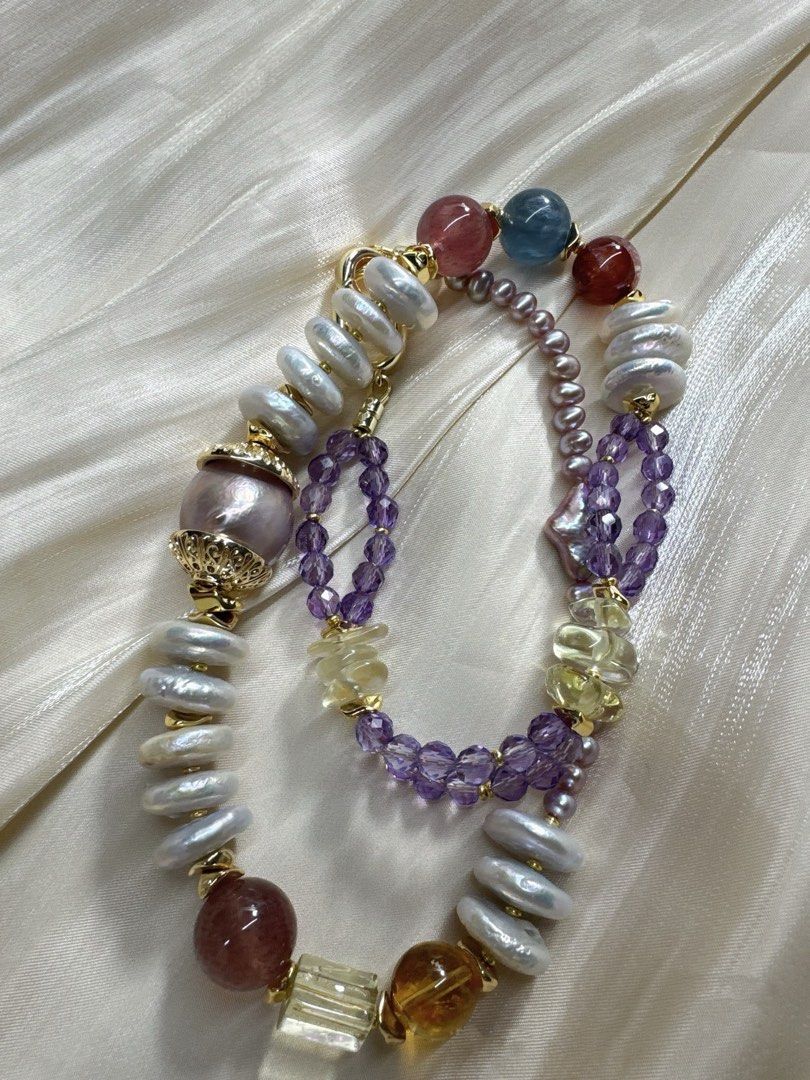 #PN467 Purple Sea|Freshwater Pearl Necklace |Super Big Baroque Pearl |Coin Pearl |Strawberry Quartz |Red Cinnabar Stone|Aquamarine|Baby Pearl |Purple Quartz |Amber
