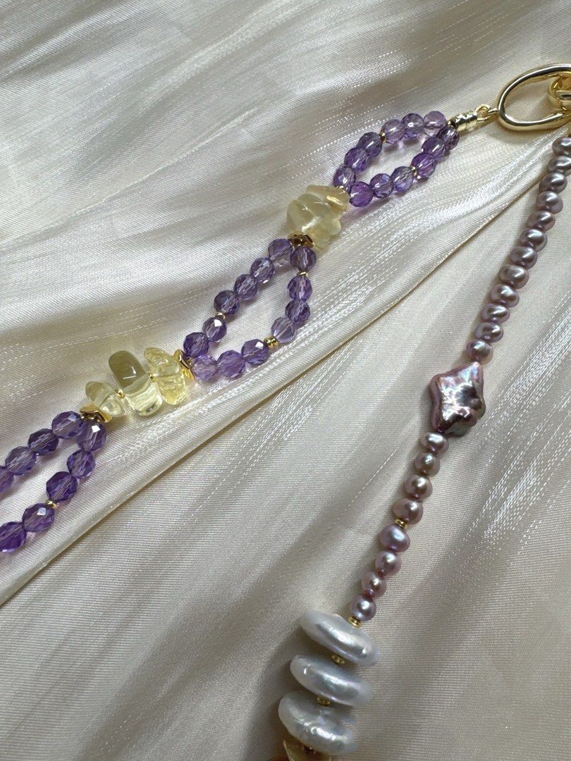 #PN467 Purple Sea|Freshwater Pearl Necklace |Super Big Baroque Pearl |Coin Pearl |Strawberry Quartz |Red Cinnabar Stone|Aquamarine|Baby Pearl |Purple Quartz |Amber