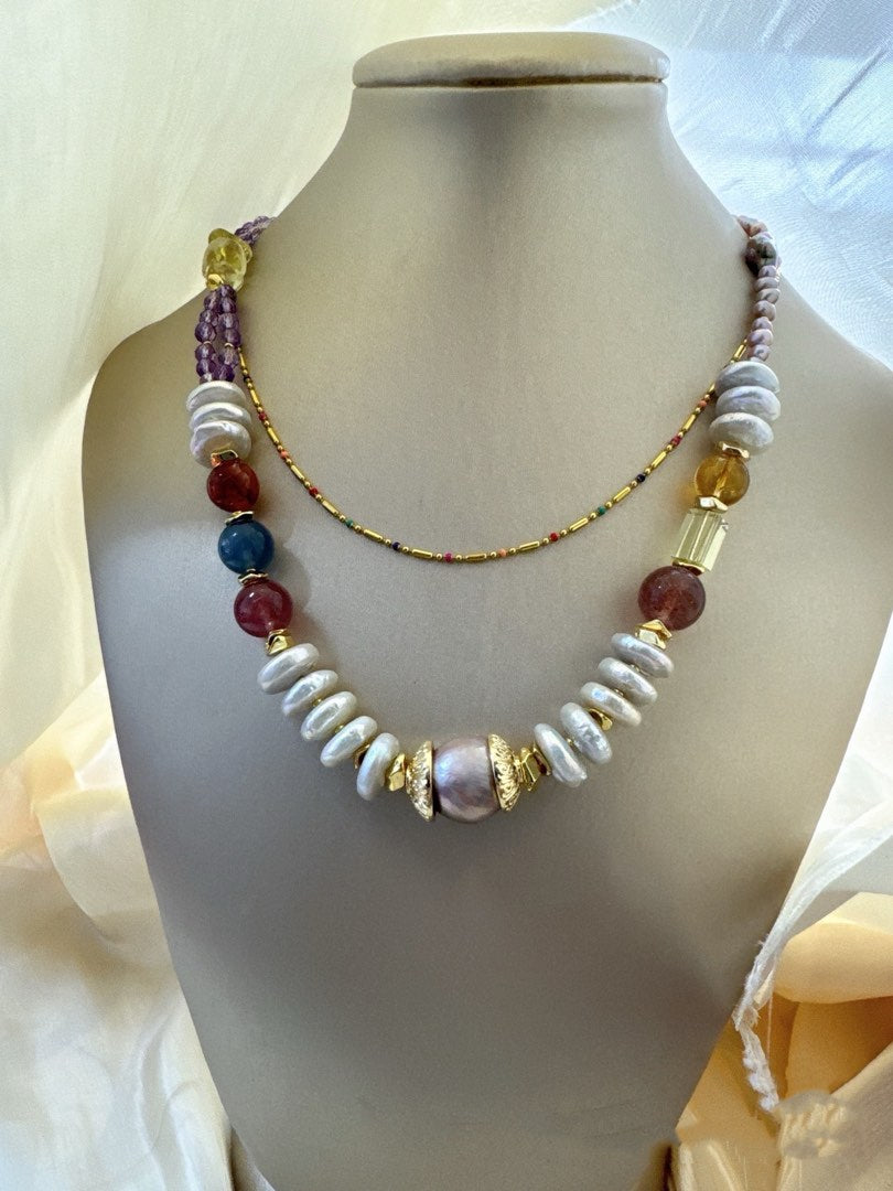 #PN467 Purple Sea|Freshwater Pearl Necklace |Super Big Baroque Pearl |Coin Pearl |Strawberry Quartz |Red Cinnabar Stone|Aquamarine|Baby Pearl |Purple Quartz |Amber