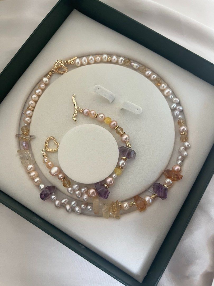 #PN538 Purple&Yellow| Freshwater Pearl Necklace & Bracelet Set |High-clarity Amethyst, Citrine Freeform|Wheat Ear Design