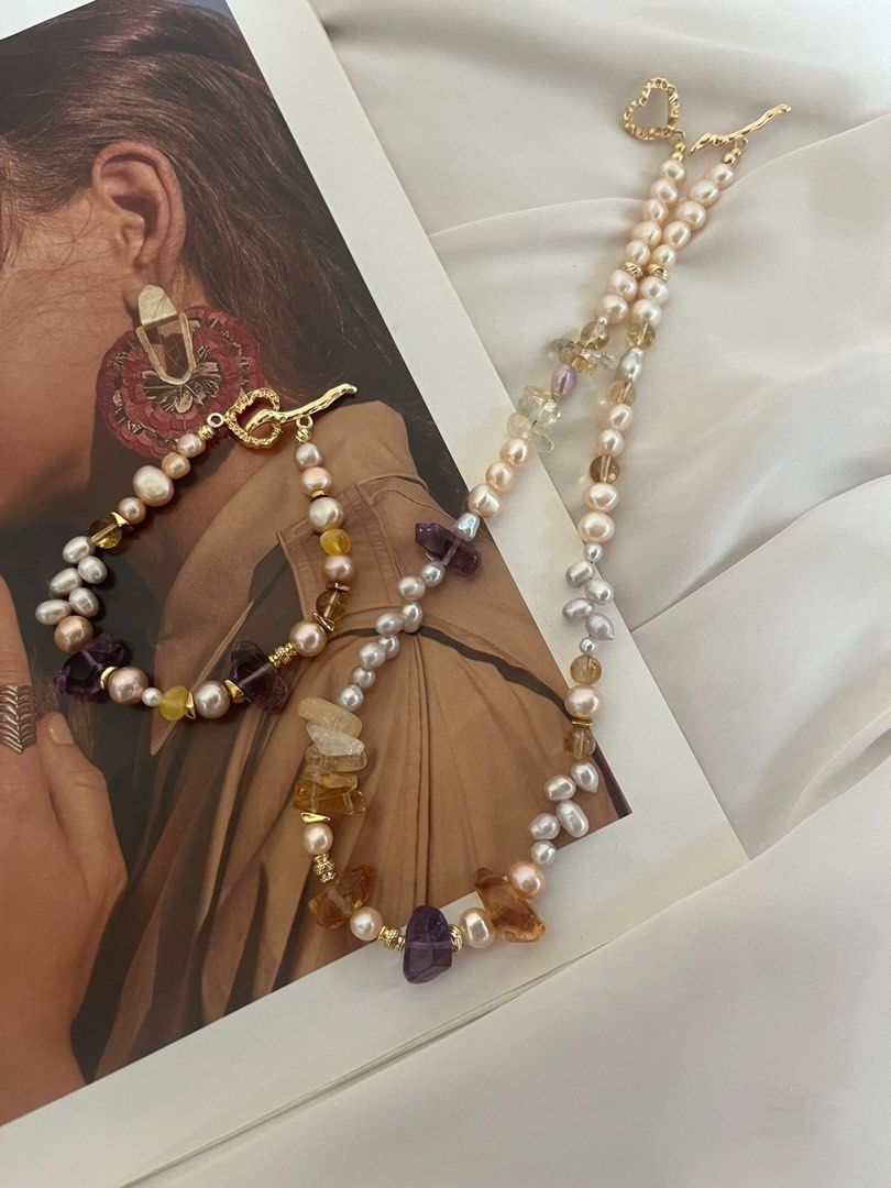 #PN538 Purple&Yellow| Freshwater Pearl Necklace & Bracelet Set |High-clarity Amethyst, Citrine Freeform|Wheat Ear Design