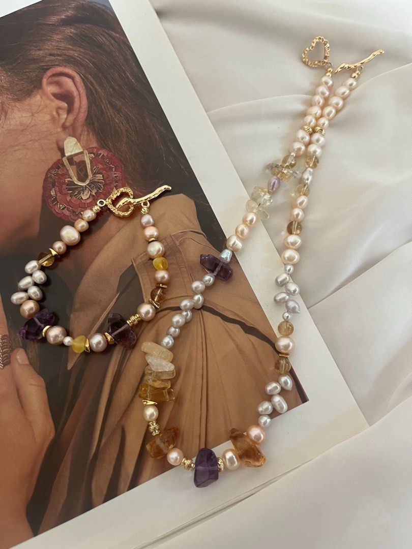 #PN538 Purple&Yellow| Freshwater Pearl Necklace & Bracelet Set |High-clarity Amethyst, Citrine Freeform|Wheat Ear Design