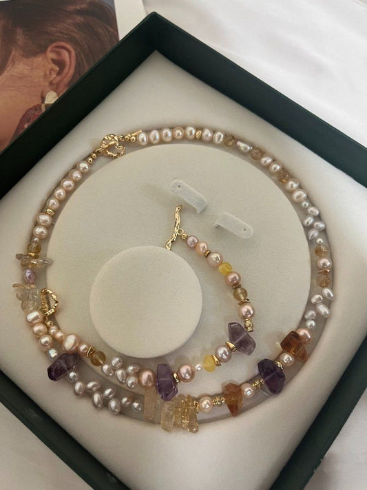 #PN538 Purple&Yellow| Freshwater Pearl Necklace & Bracelet Set |High-clarity Amethyst, Citrine Freeform|Wheat Ear Design