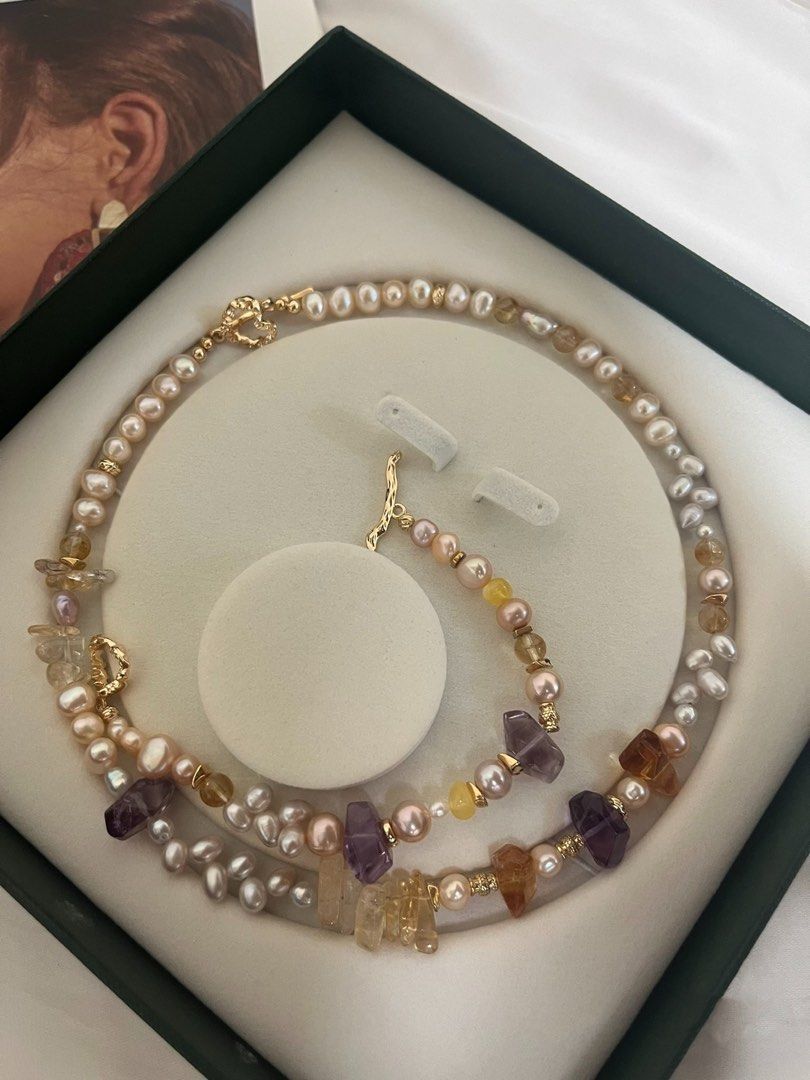 #PN538 Purple&Yellow| Freshwater Pearl Necklace & Bracelet Set |High-clarity Amethyst, Citrine Freeform|Wheat Ear Design