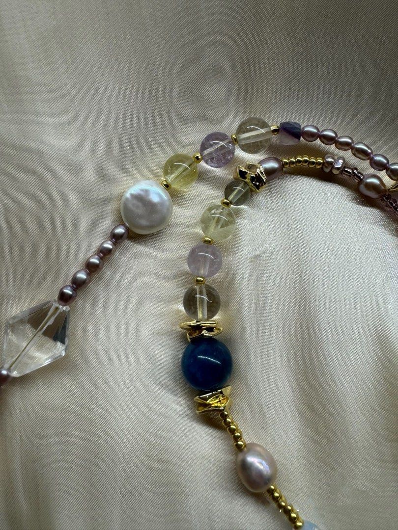 #PN458 Quartz Assembly |Freshwater Pearl Necklace |Baroque Pearl |Coin, Square Shaped|Amber|Purple, White, Blue Quartz |Blue Apatite |Opal Stone|Baby Purple Pearl