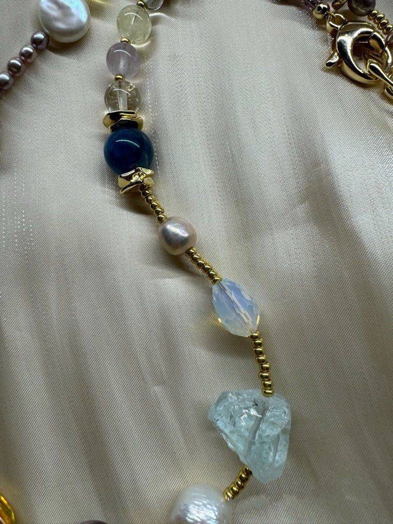 #PN458 Quartz Assembly |Freshwater Pearl Necklace |Baroque Pearl |Coin, Square Shaped|Amber|Purple, White, Blue Quartz |Blue Apatite |Opal Stone|Baby Purple Pearl