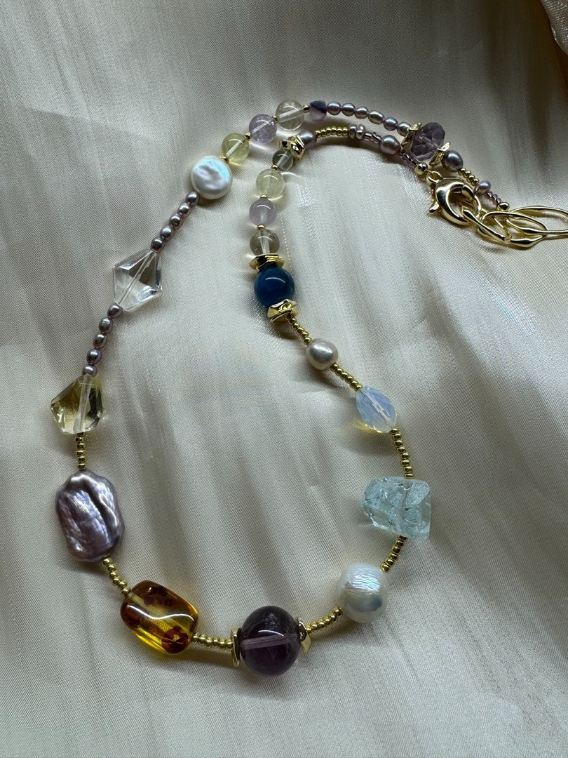 #PN458 Quartz Assembly |Freshwater Pearl Necklace |Baroque Pearl |Coin, Square Shaped|Amber|Purple, White, Blue Quartz |Blue Apatite |Opal Stone|Baby Purple Pearl